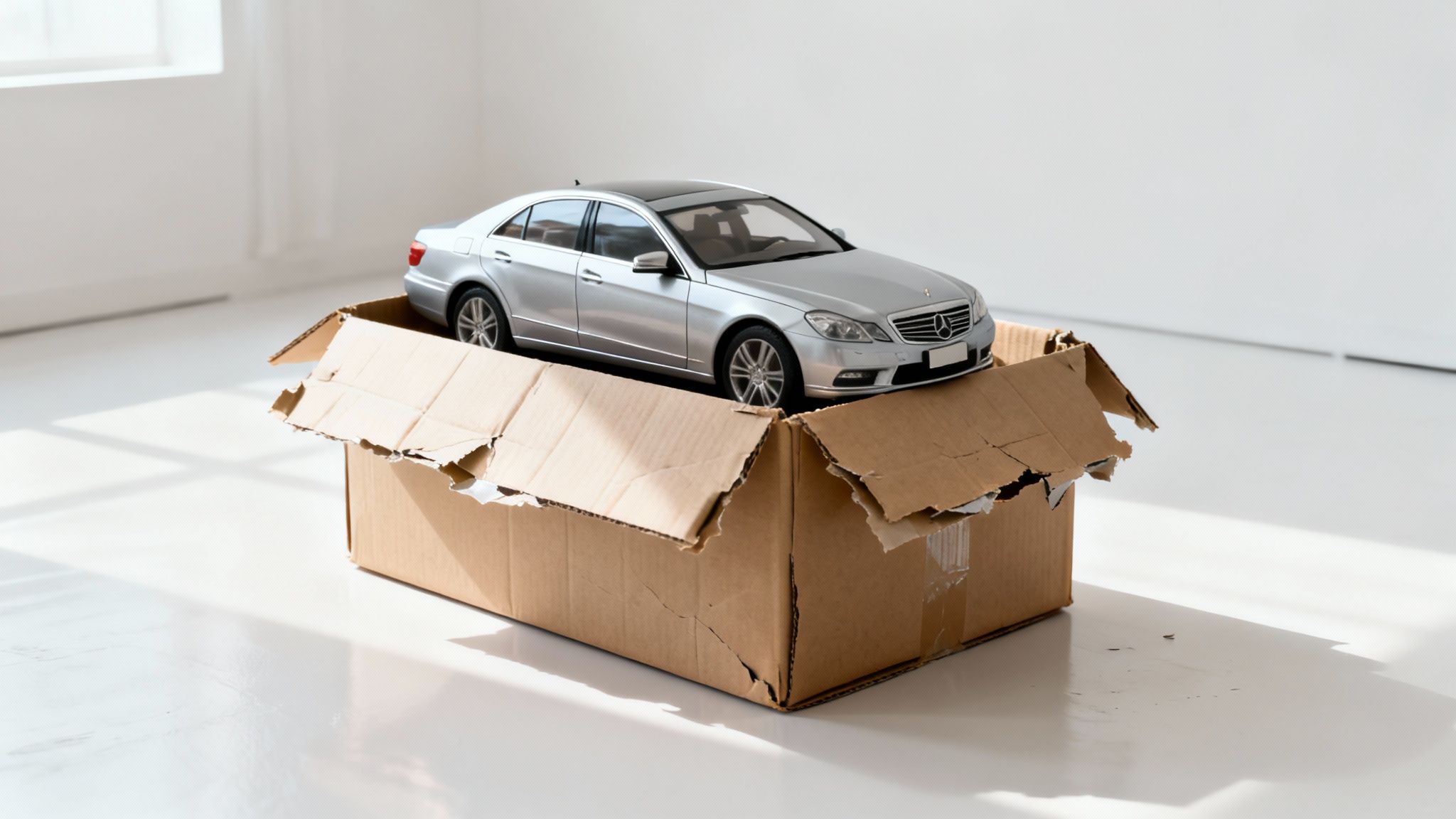 A realistic silver toy car in a cardboard box, illuminated by natural light.