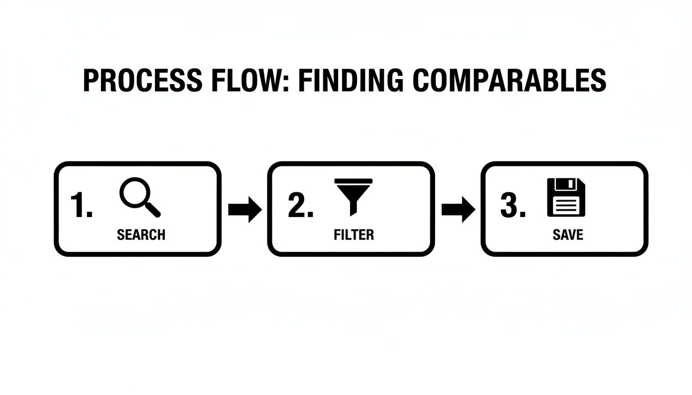 Process flow diagram showing three steps: 1. Search (magnifying glass), 2. Filter (funnel), 3. Save (floppy disk) for finding comparables.