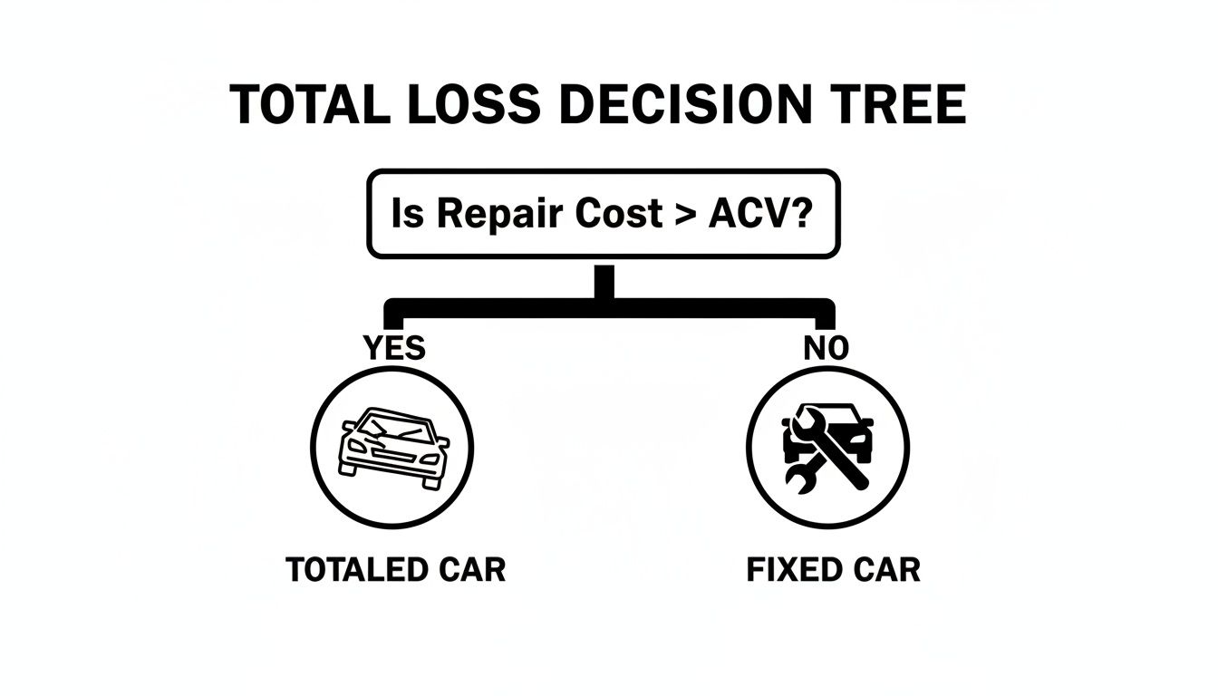 A total loss decision tree flowchart showing that a car is totaled if repair cost exceeds actual cash value.