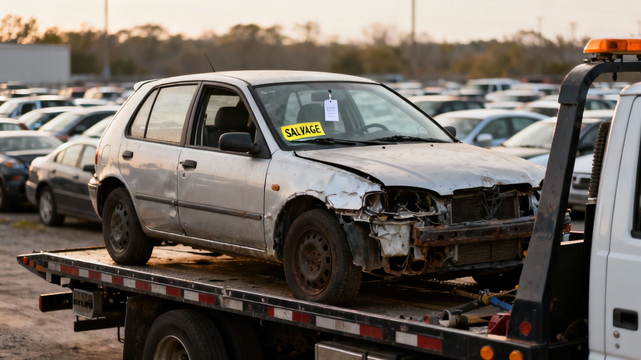 Heavily damaged silver salvage car on a flatbed tow truck in a crowded impound lot.