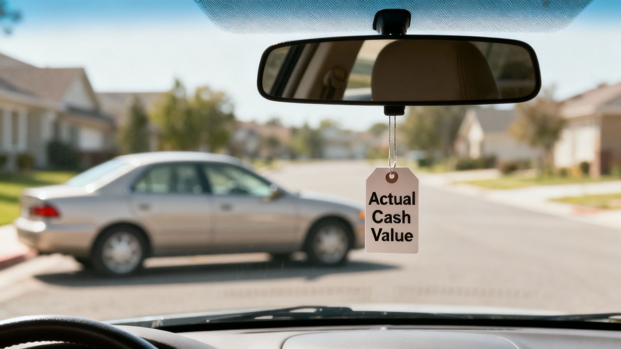 View from a car's interior, showing an 'Actual Cash Value' tag hanging from the rearview mirror.