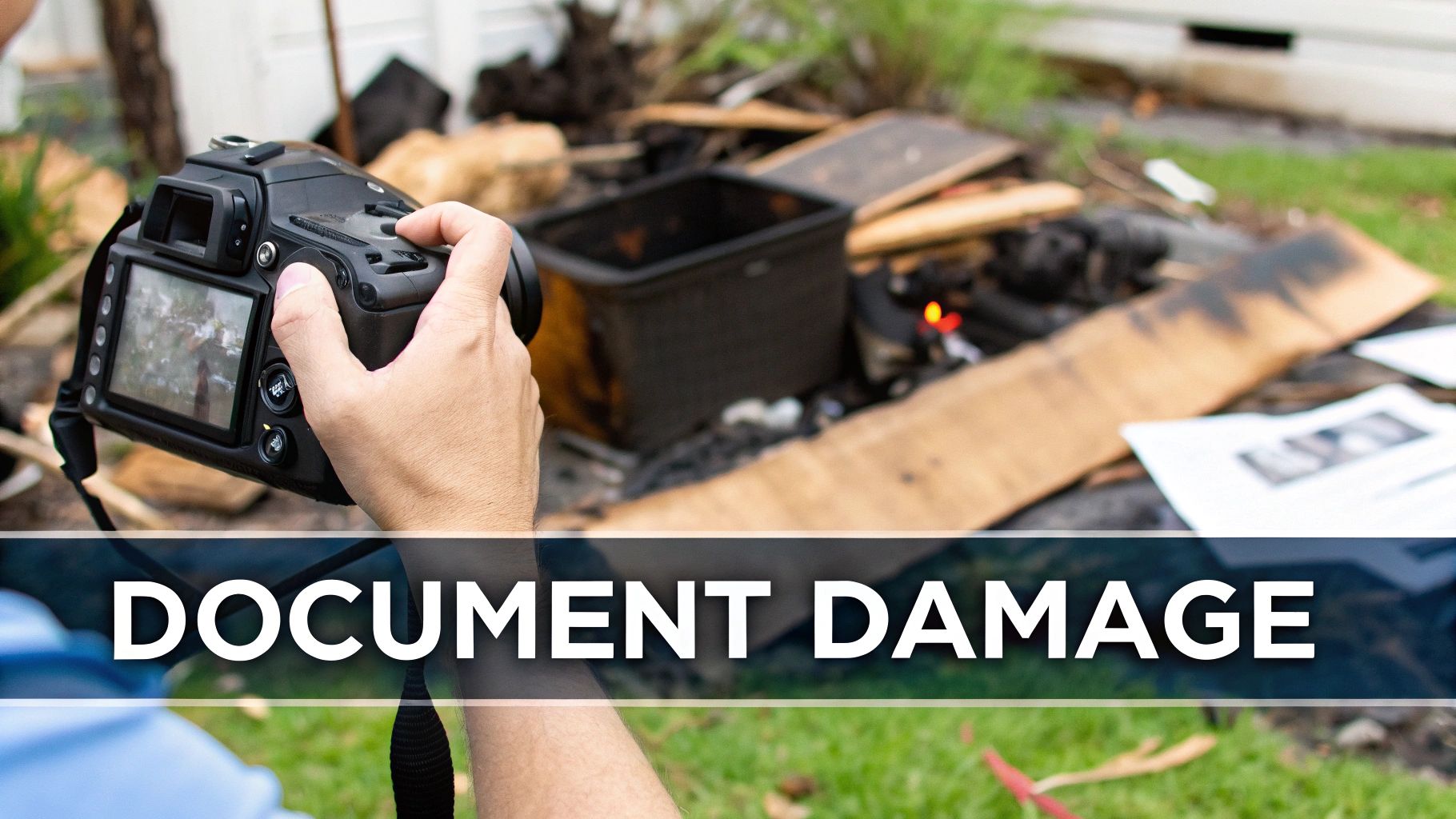 A homeowner and an insurance adjuster reviewing documents in front of a fire-damaged home.