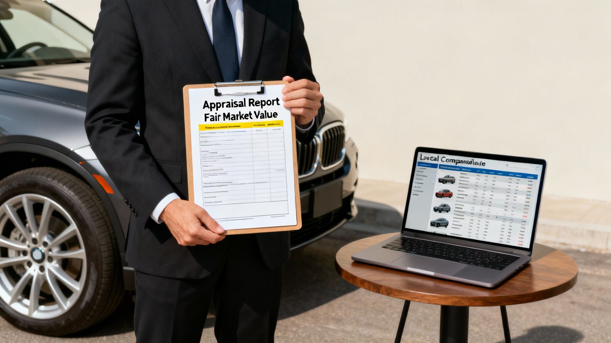 Person in suit holds car appraisal report near a vehicle, with a laptop showing comparative values.