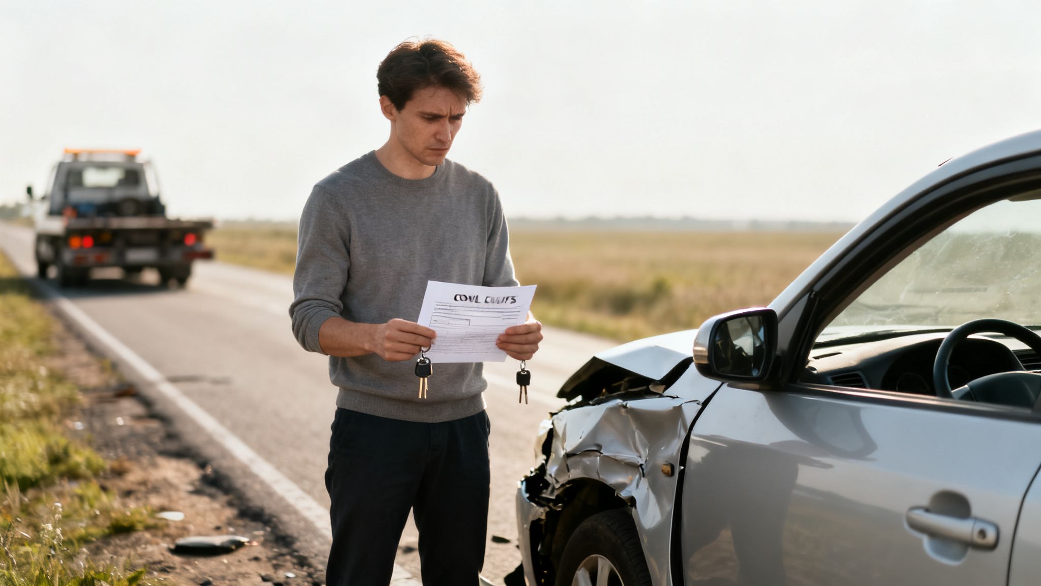 A distressed man holding paperwork and car keys stands next to his severely damaged car on a road, with a tow truck in the background.