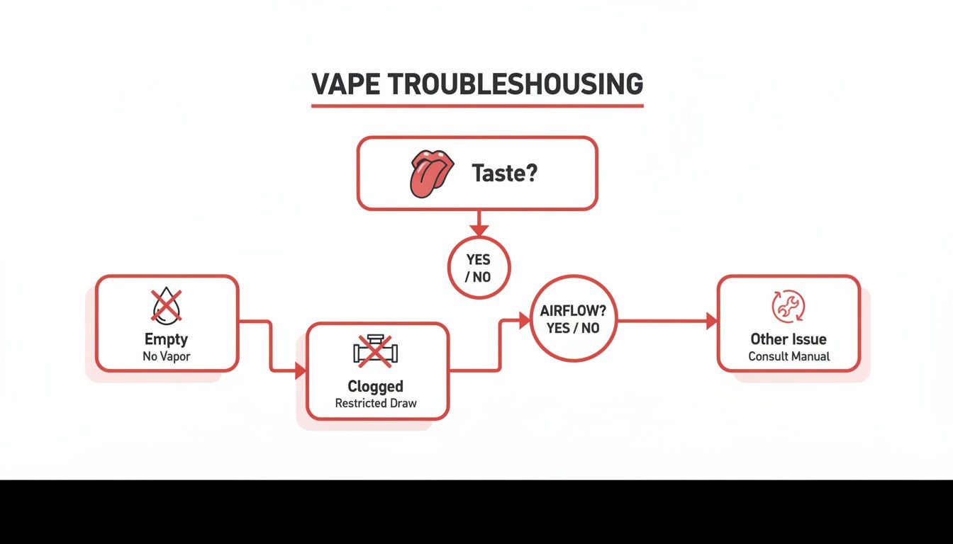 A flowchart outlining vape troubleshooting steps for common issues like taste, empty, clogged, and airflow problems.