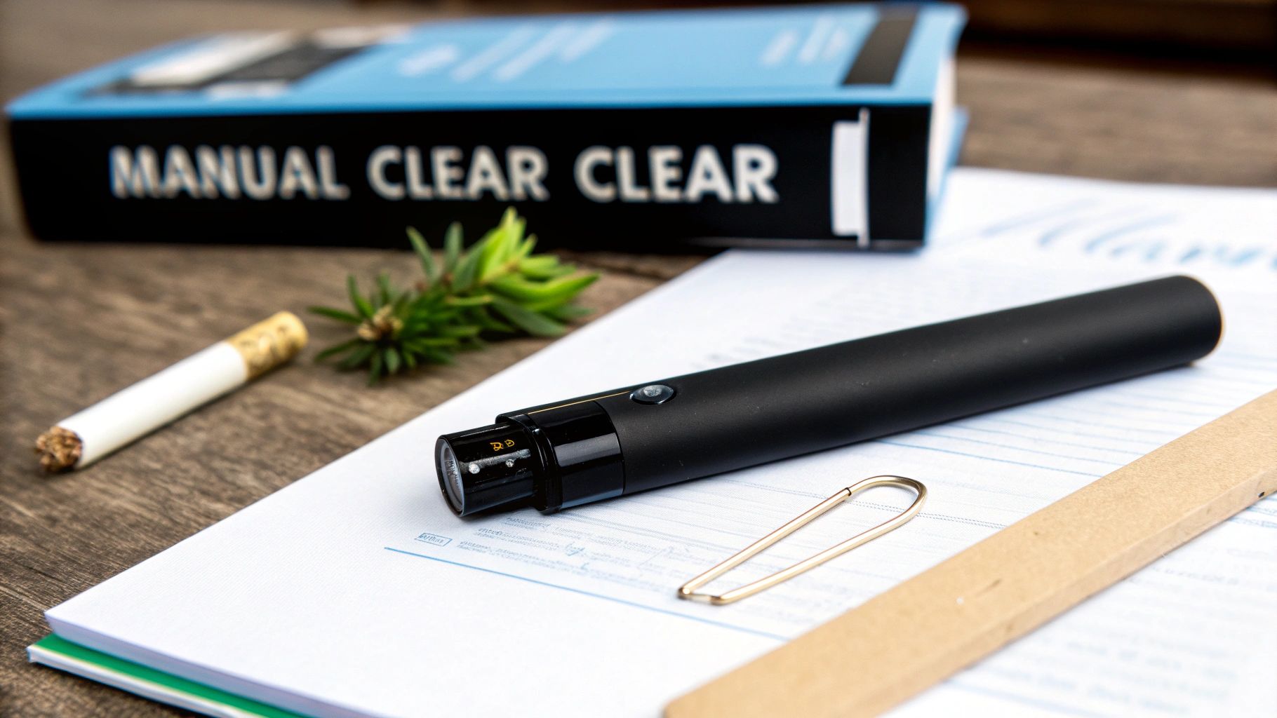 A black vape pen lies on a white document next to a paperclip, with a cigarette and book in the background.