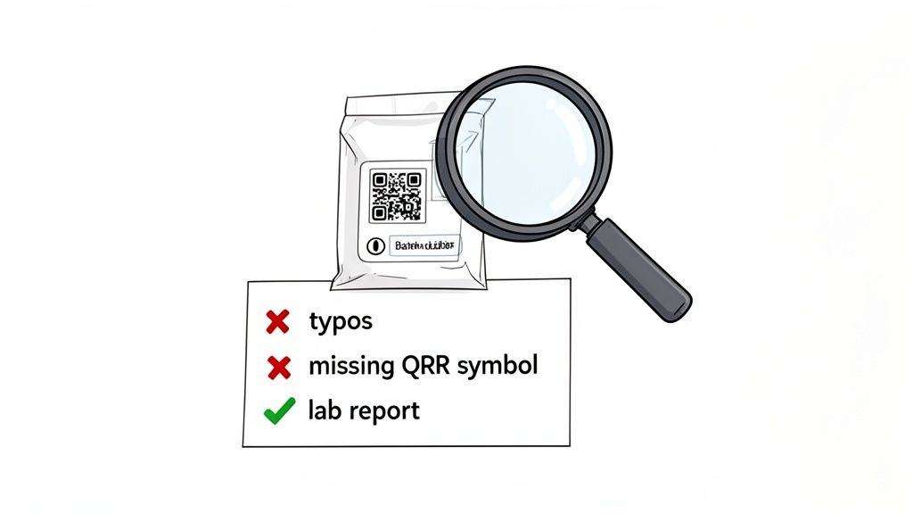 Magnifying glass inspecting a product pouch with a QR code and 'Batch number'. A checklist verifies 'lab report'.