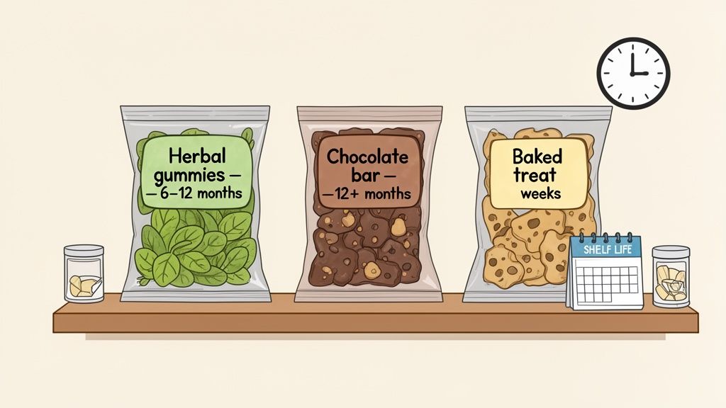 Illustration of a shelf with bags of herbal gummies, chocolate bars, and baked treats, indicating their shelf lives.
