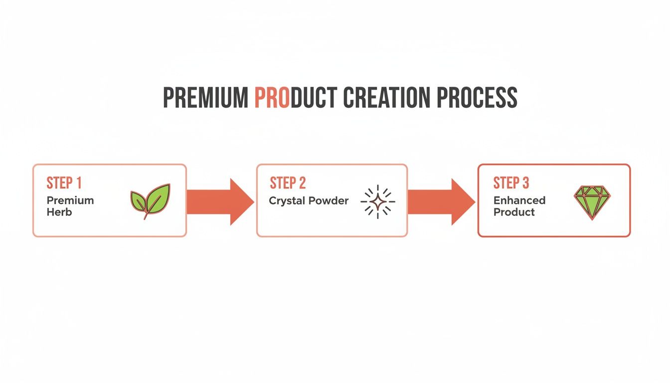 A visual representation of a three-step process for creating an enhanced product from premium herbs.