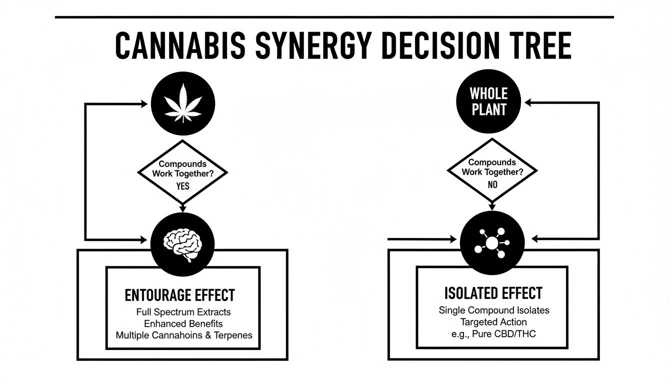 Cannabis Synergy Decision Tree flowchart illustrating entourage effect vs. isolated effect based on compound interaction.