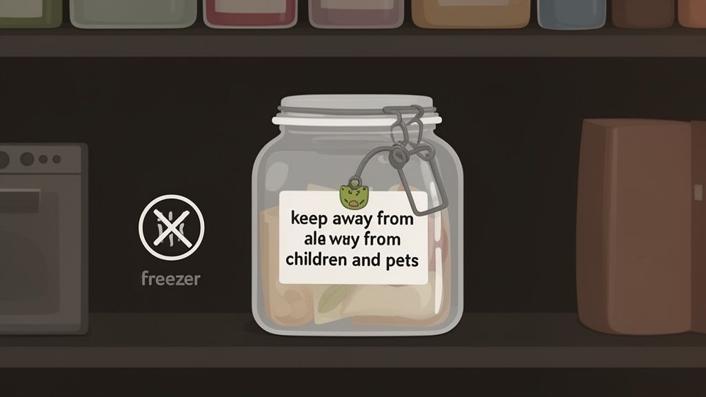 A clear glass jar on a dark shelf, labeled with a warning: 'keep away from children and pets', next to a 'no freezer' icon.