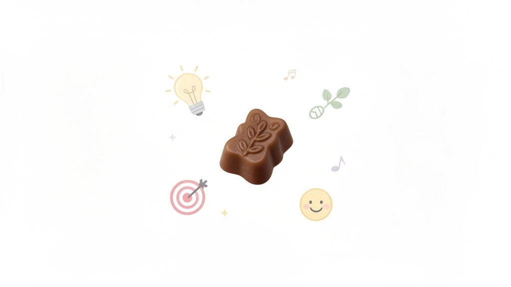 A bear-shaped chocolate with a leaf design, surrounded by whimsical icons representing ideas, nature, and happiness.