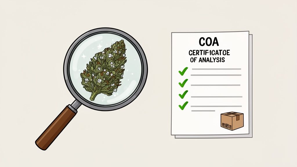 A cannabis bud under a magnifying glass, beside a Certificate of Analysis with green checkmarks.