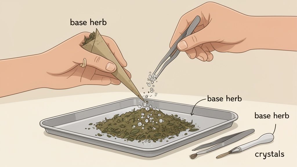 Two hands prepare a mixture of base herb and crystals on a tray using a cone and tweezers.