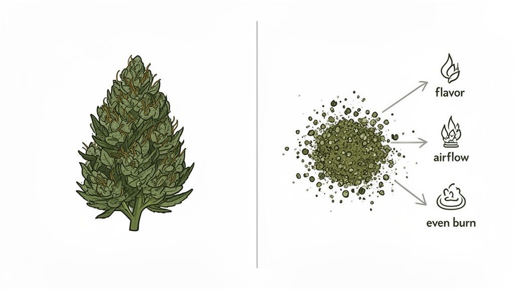 An illustration showing a cannabis bud next to ground cannabis, highlighting benefits like flavor, airflow, and even burn.