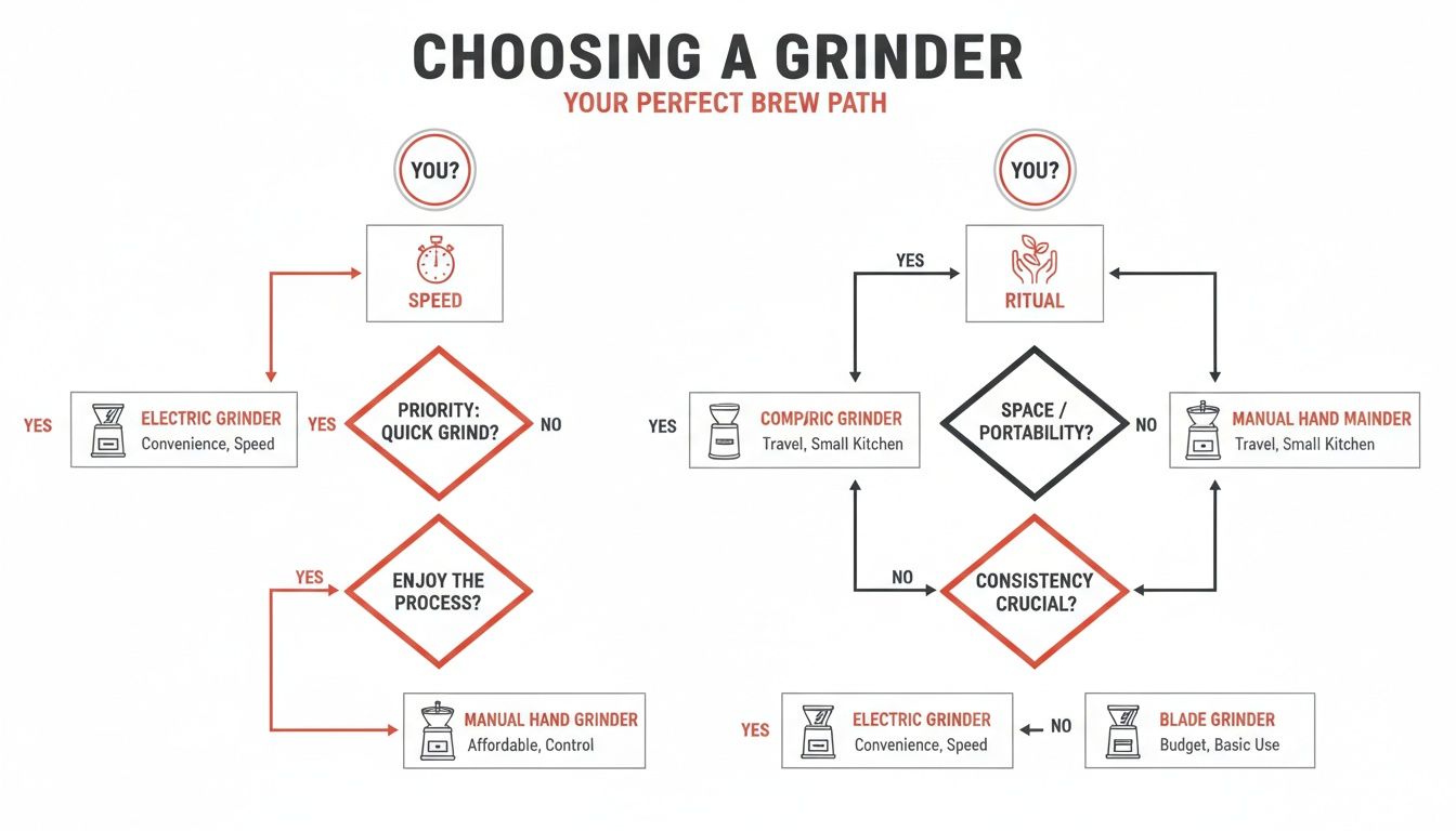 Flowchart guiding users to choose a coffee grinder based on preferences like speed, ritual, and consistency.