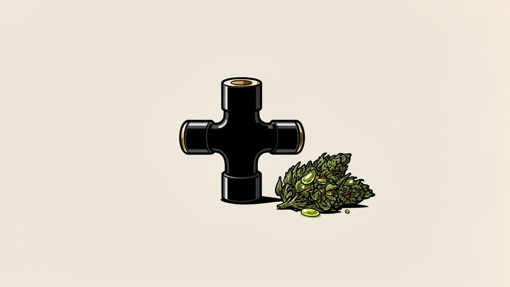 A stylized image showing a black cross-shaped pipe next to a pile of green cannabis buds.
