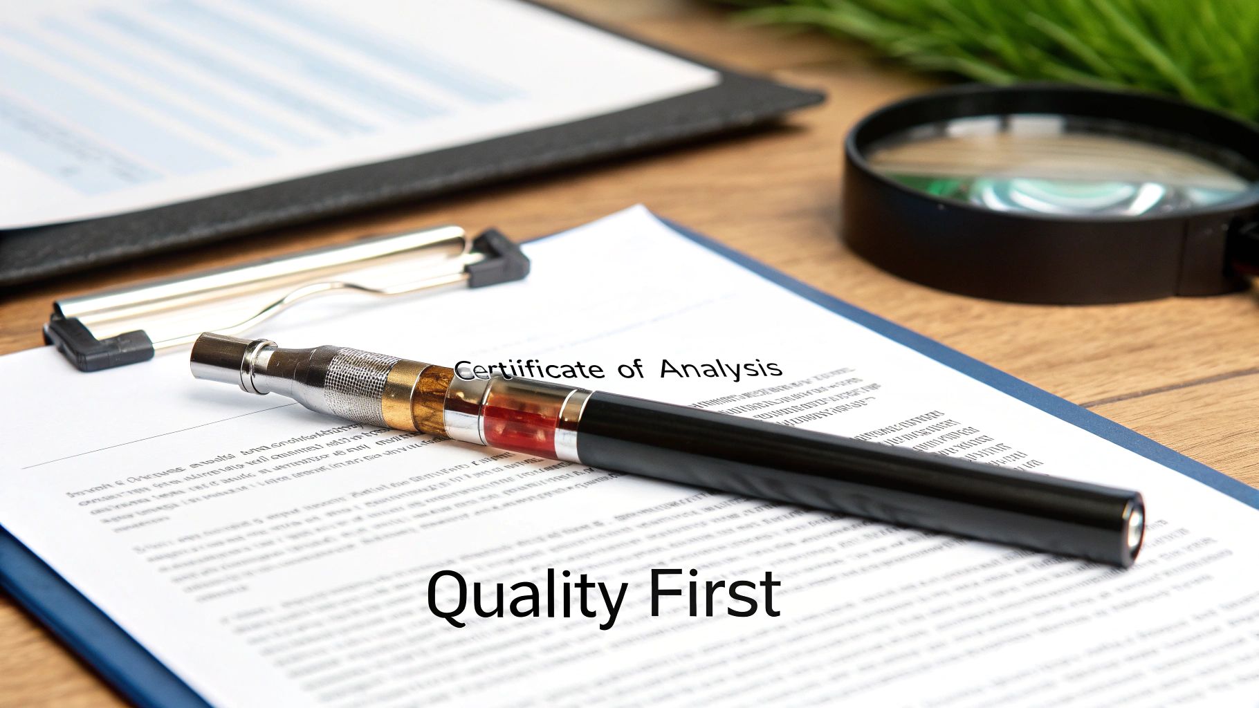 A sleek black and silver vape pen rests on a 'Certificate of Analysis' document, highlighting 'Quality First'.