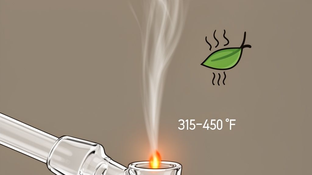 Illustration of a glass device heating plant material, showing smoke/vapor, a leaf icon, and a temperature range of 315-450°F.