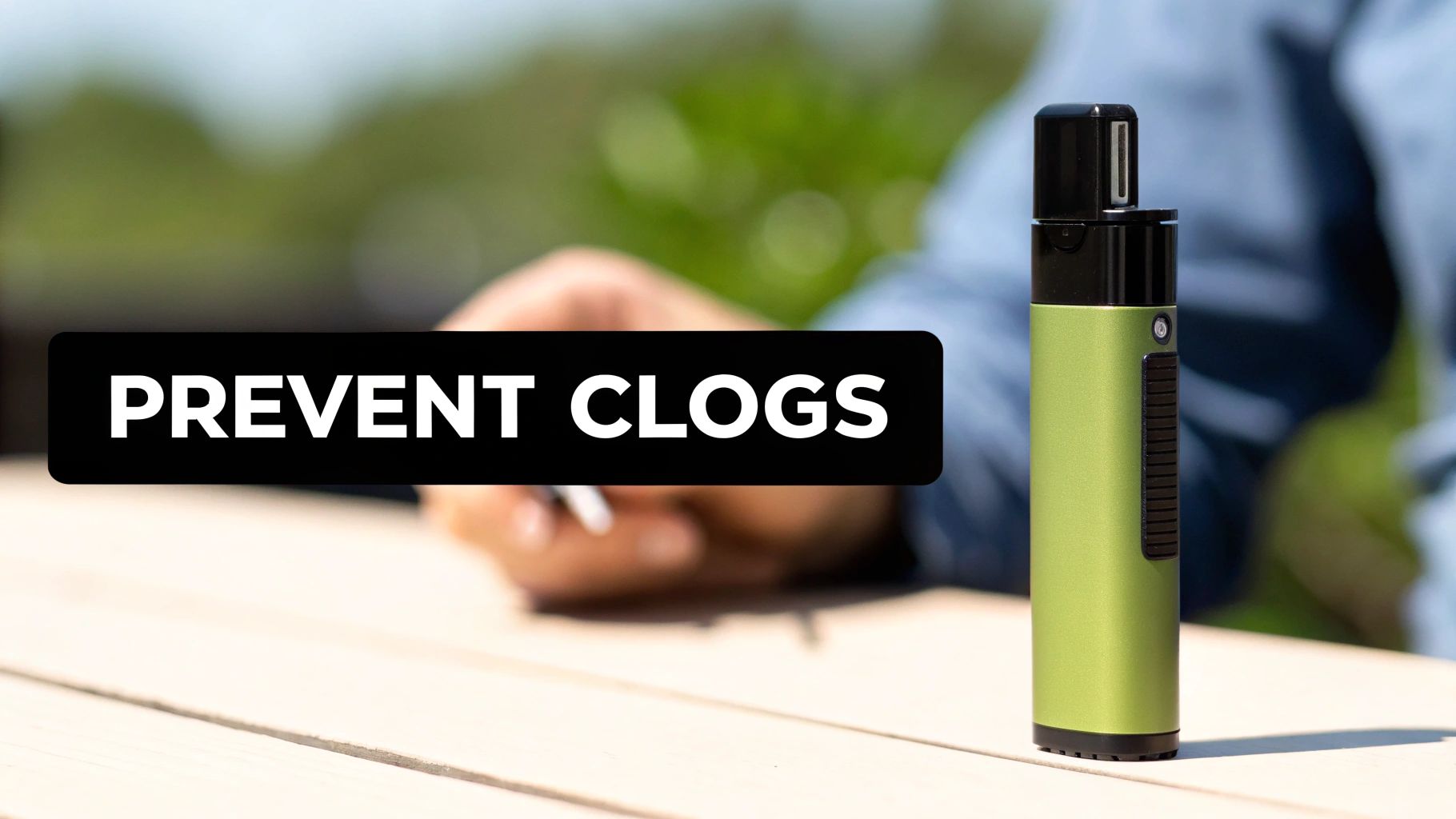 A green vape pen stands upright on a wooden table with a black overlay text reading 'PREVENT CLOGS'.
