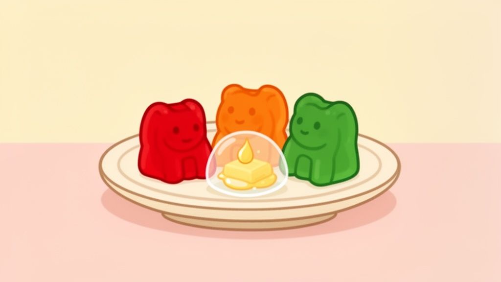 Cartoon image of red, orange, and green gummy bears on a plate with cannabutter.