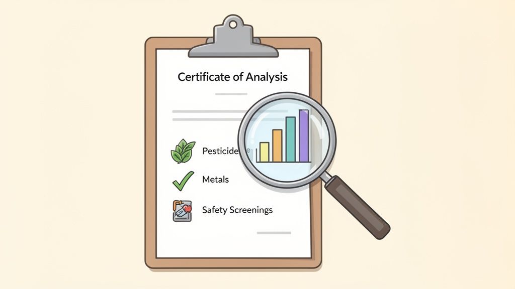 Certificate of Analysis confirming lab tests for pesticides, metals, and product safety screenings.