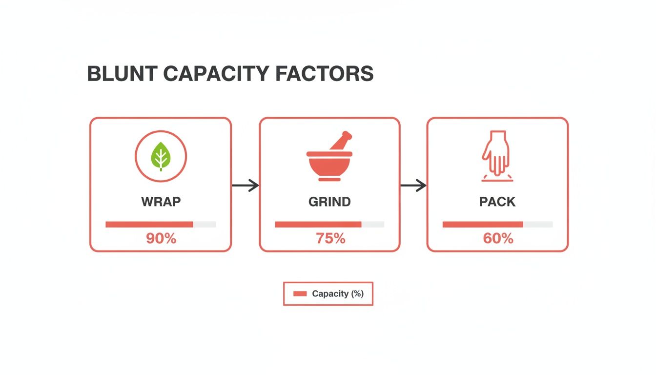 Diagram showing blunt capacity factors: wrap at 90%, grind at 75%, and pack at 60%.