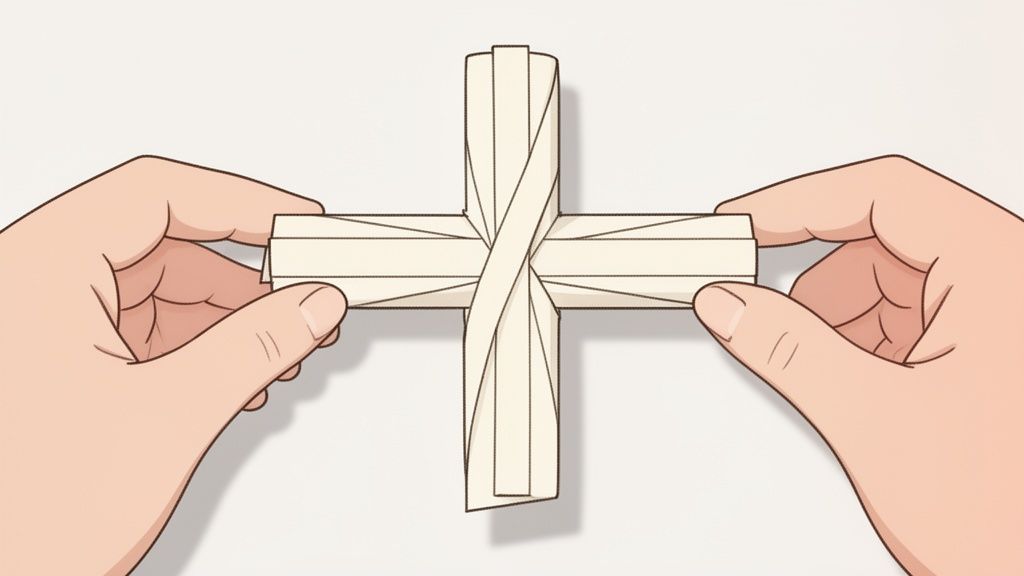 Two hands hold a cross-shaped object made from woven light-colored material, likely straw or paper.