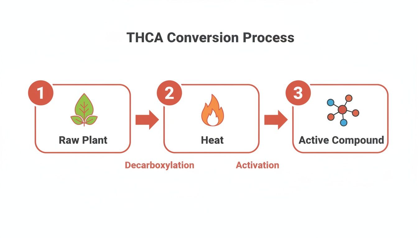Flowchart illustrating the THCA conversion process from raw plant to active compound through heat and decarboxylation.