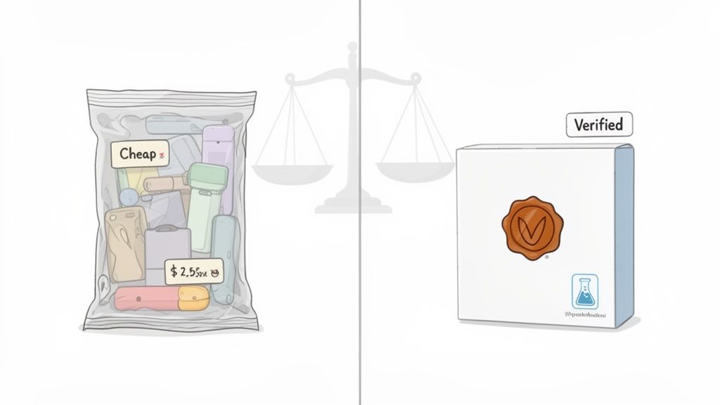 An illustration comparing a plastic bag of cheap, generic items with a verified, quality product in a white box.