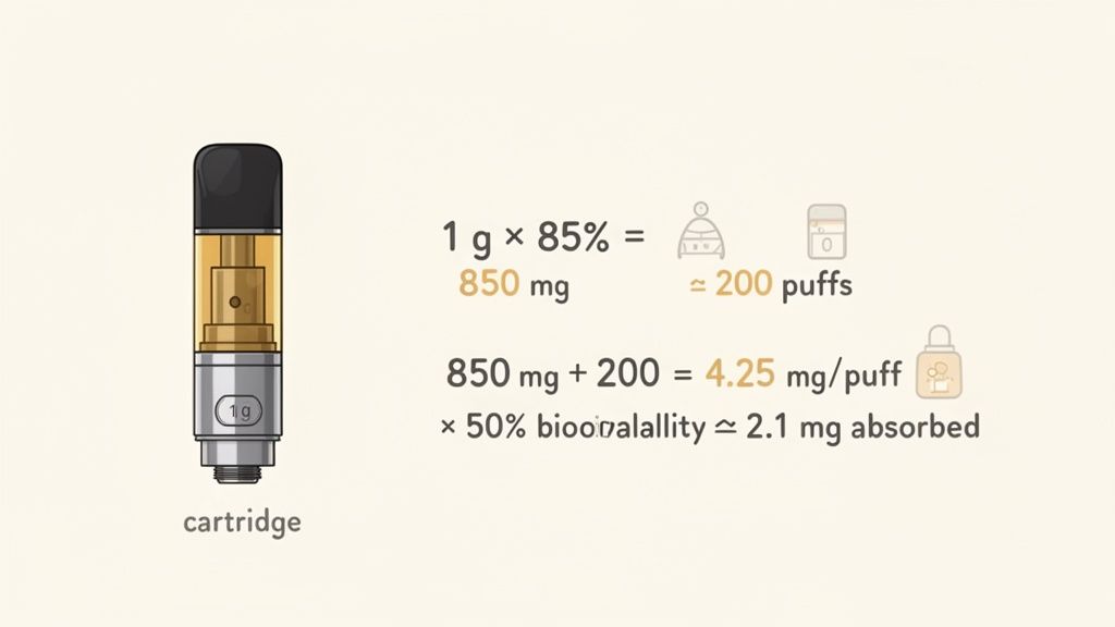 Calculations detail cannabis vape cartridge contents, puffs, and absorbed dosage per puff.