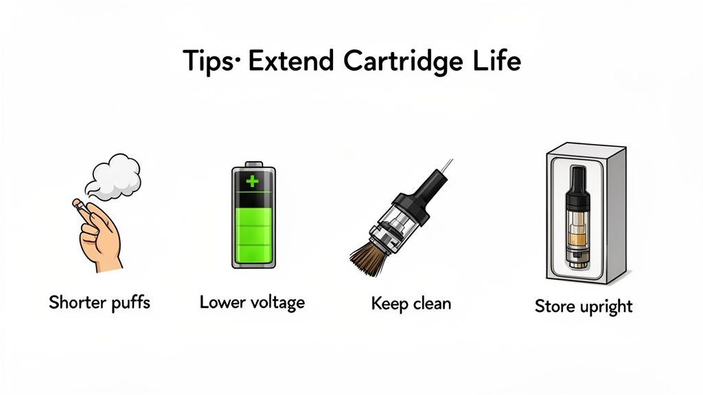 A graphic showing four tips to extend vape cartridge life: shorter puffs, lower voltage, keep clean, and store upright.