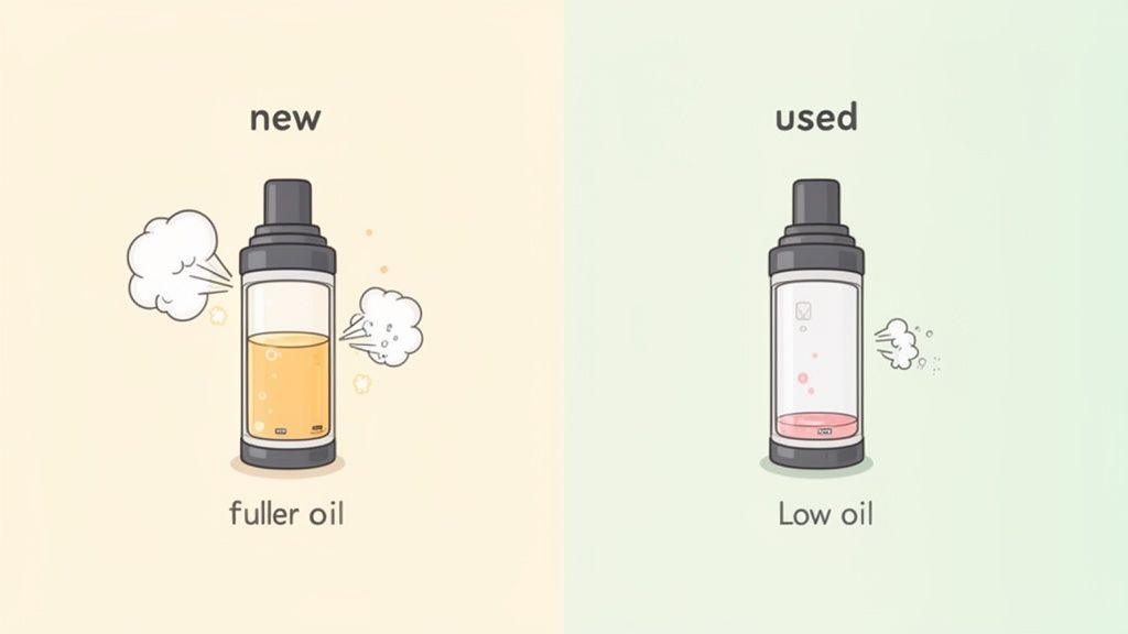 Illustration comparing a new, full vape cartridge with fuller oil and vapor, to a used cartridge with low oil.