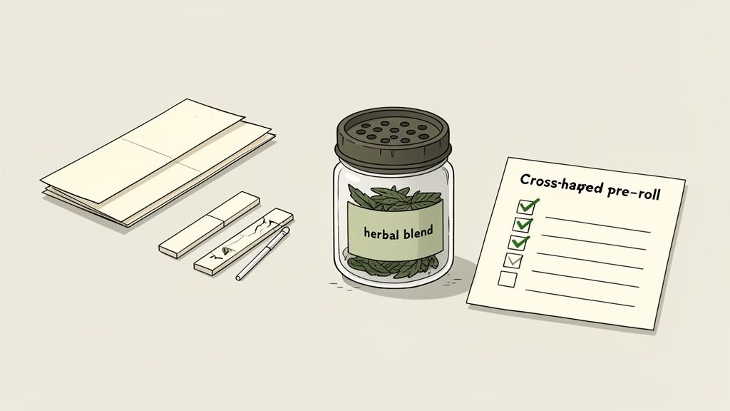 A collection of items for preparing a cross-shaped pre-roll: rolling papers, herbal blend jar, and a checklist.