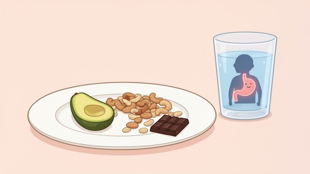 A plate with avocado, nuts, and chocolate next to a glass of water showing a happy stomach.