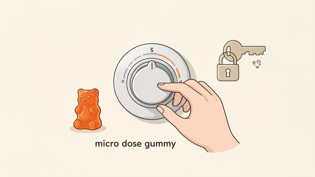 An illustration shows a hand adjusting a dial next to an orange micro dose gummy bear.