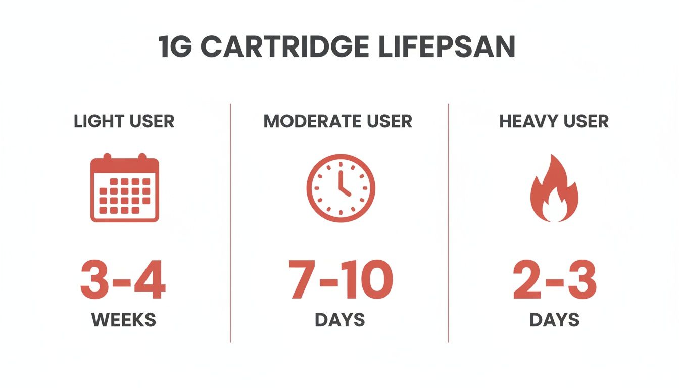 Infographic displaying the 1G cartridge lifespan: light users 3-4 weeks, moderate users 7-10 days, heavy users 2-3 days.