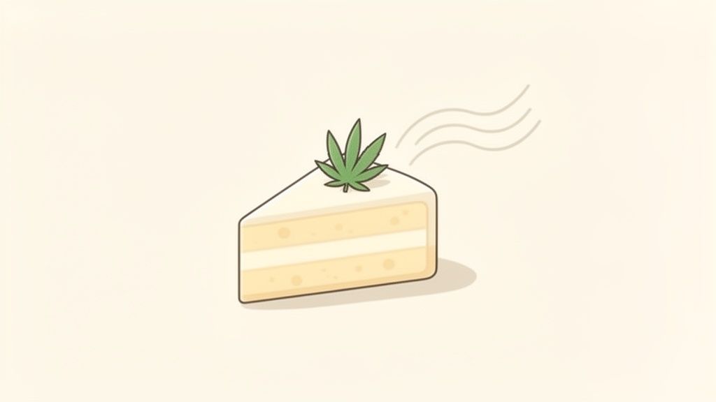 A cartoon illustration of a slice of cream cake topped with a cannabis leaf, emitting faint wavy lines.
