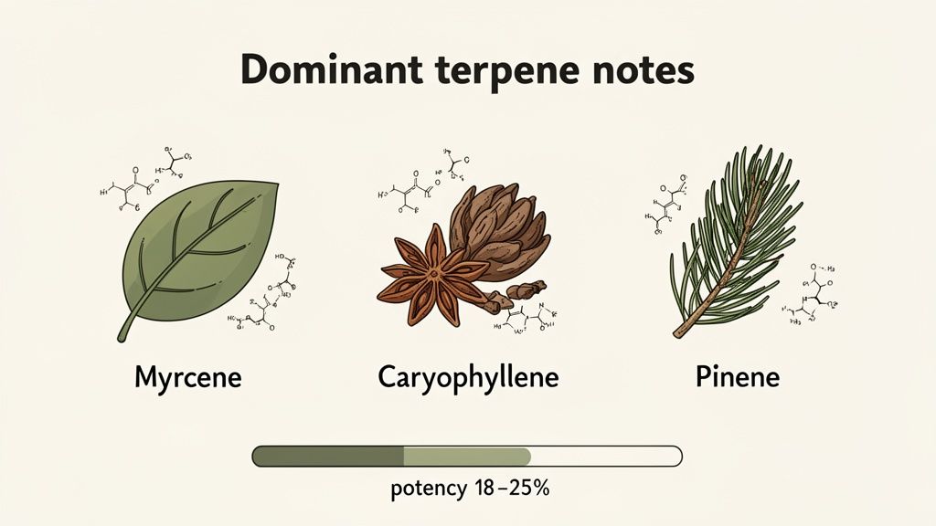 Illustration of dominant terpene notes: Myrcene (leaf), Caryophyllene (anise/cone), and Pinene (pine branch), with a potency range of 18-25%.