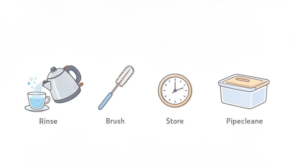 Four cartoon icons illustrate cleaning steps: rinse with a kettle, brush, store (a clock), and a storage container.