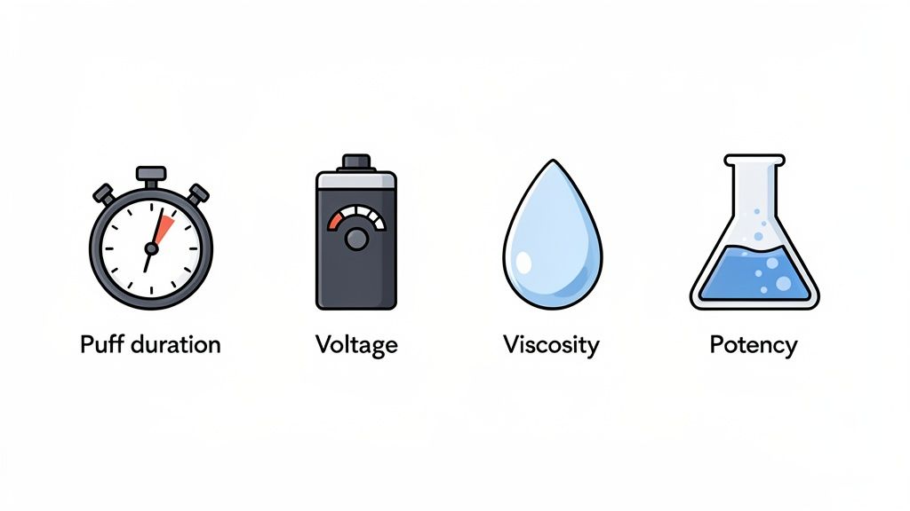 Four icons representing puff duration, voltage, viscosity, and potency, likely related to vaping or e-liquids.