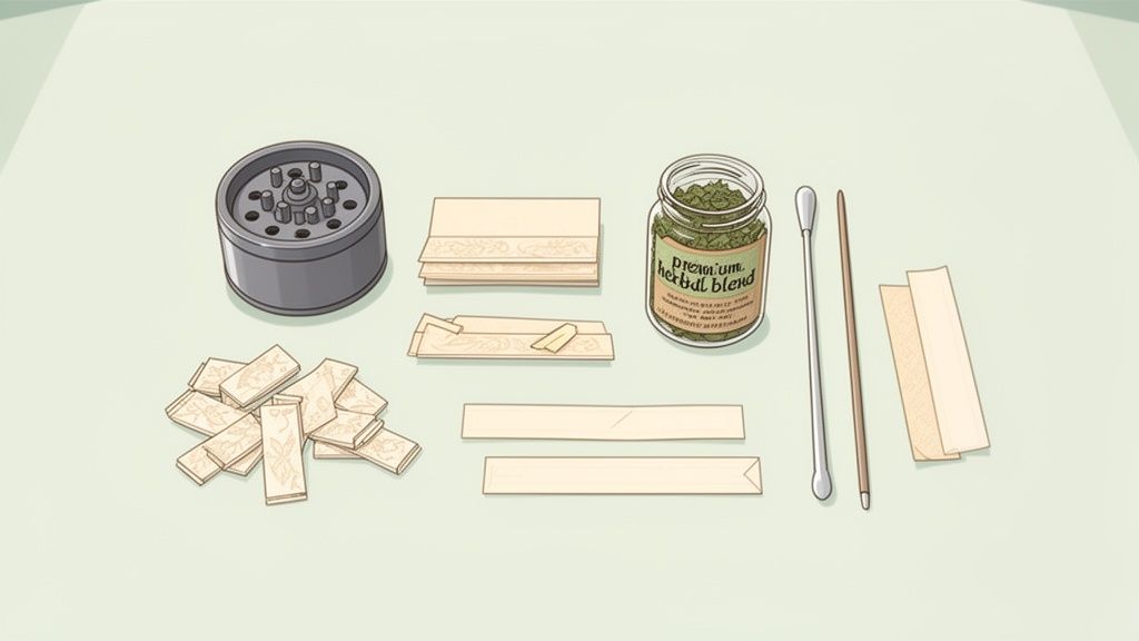 A flat lay of rolling papers, herbal blend, grinder, and tools on a light green surface.