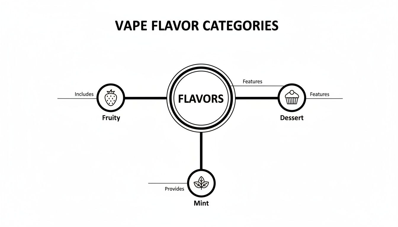 Diagram showing vape flavor categories: Fruity (strawberry), Dessert (cupcake), and Mint (leaf), branching from a central 'Flavors' node.