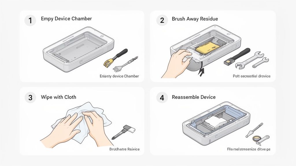 Four-step illustrated guide showing how to clean and reassemble an automatic weed roller device.