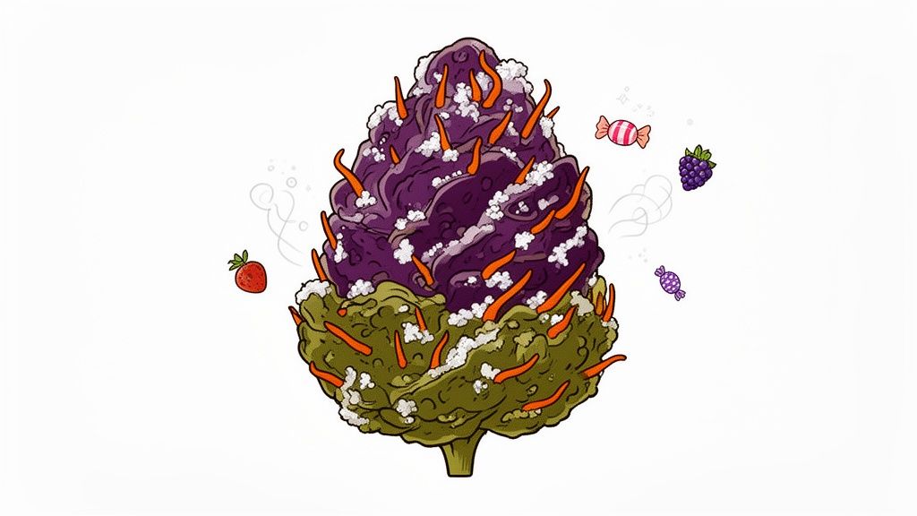 Colorful cannabis bud illustration, with purple and green sections, white frost, orange hairs, surrounded by fruits and candies.