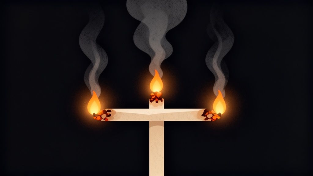 An illustration of a cross-shaped object with three burning tips, emitting flames and smoke against a dark background.