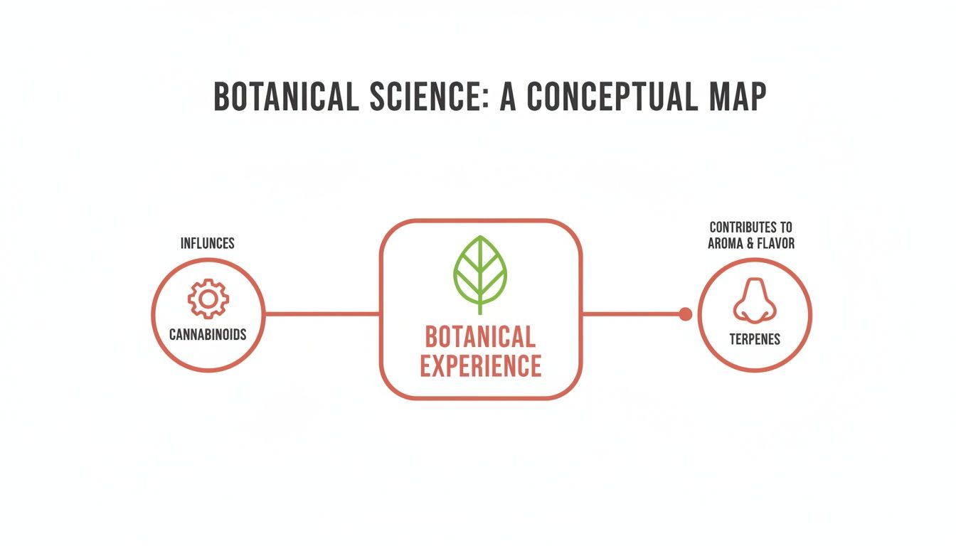 A conceptual map detailing botanical science, showing botanical experience influenced by cannabinoids and terpenes.