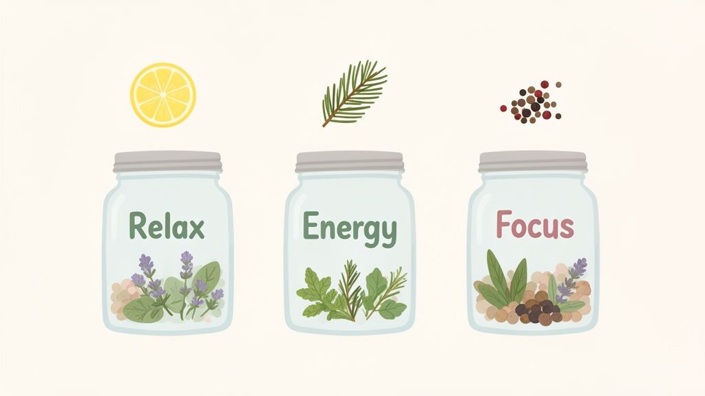 Three glass jars labeled 'Relax,' 'Energy,' and 'Focus' containing various natural ingredients like lavender, herbs, and spices.