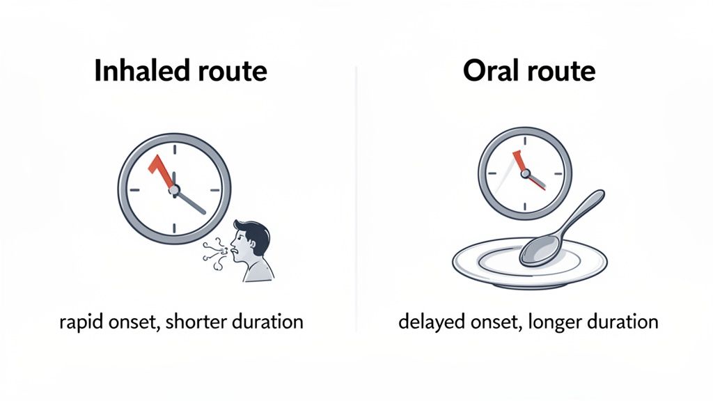 Diagram comparing inhaled versus oral drug routes, illustrating rapid onset and shorter duration for inhaled, and delayed onset and longer duration for oral.