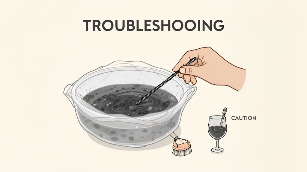 An illustration of a hand stirring dark liquid in a bowl with a pipe cleaner, labeled 'TROUBLESHOOTING'.